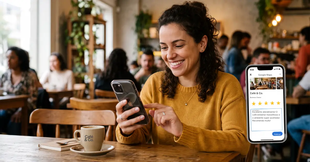Cliente satisfeito deixando uma avaliação de cinco estrelas no celular