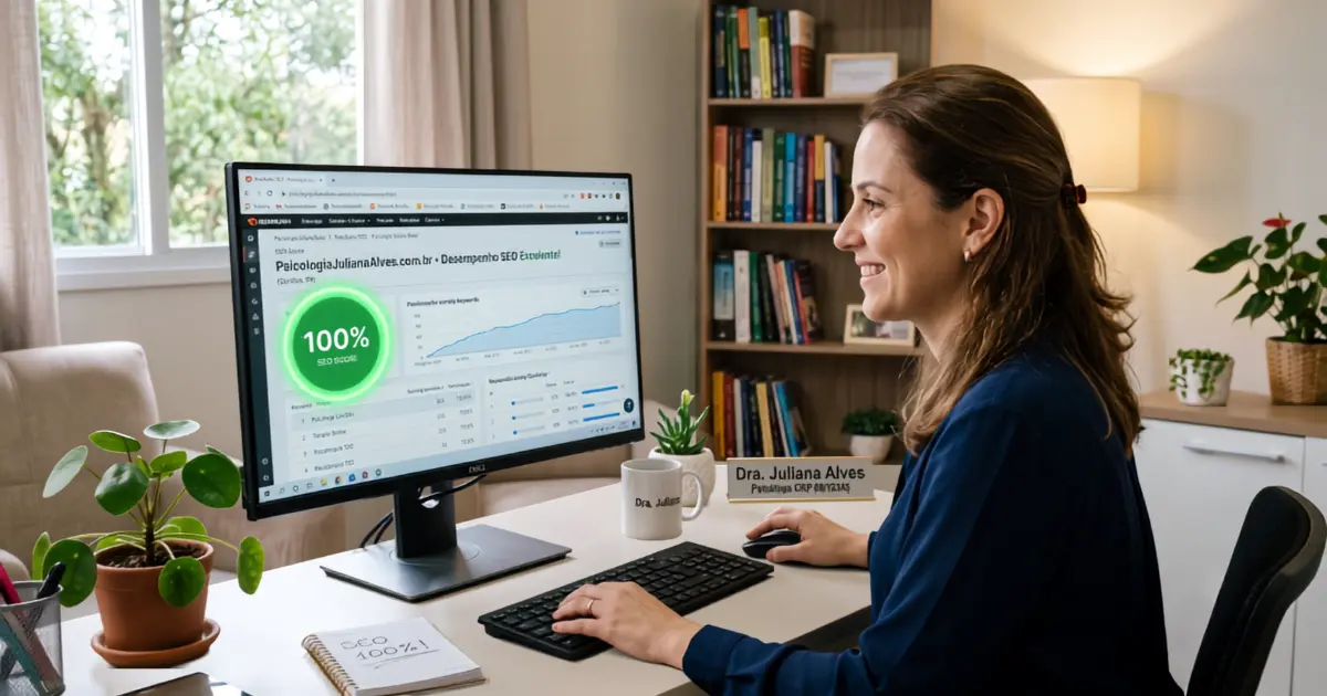 Profissional liberal conferindo o desempenho do próprio site no computador do consultório