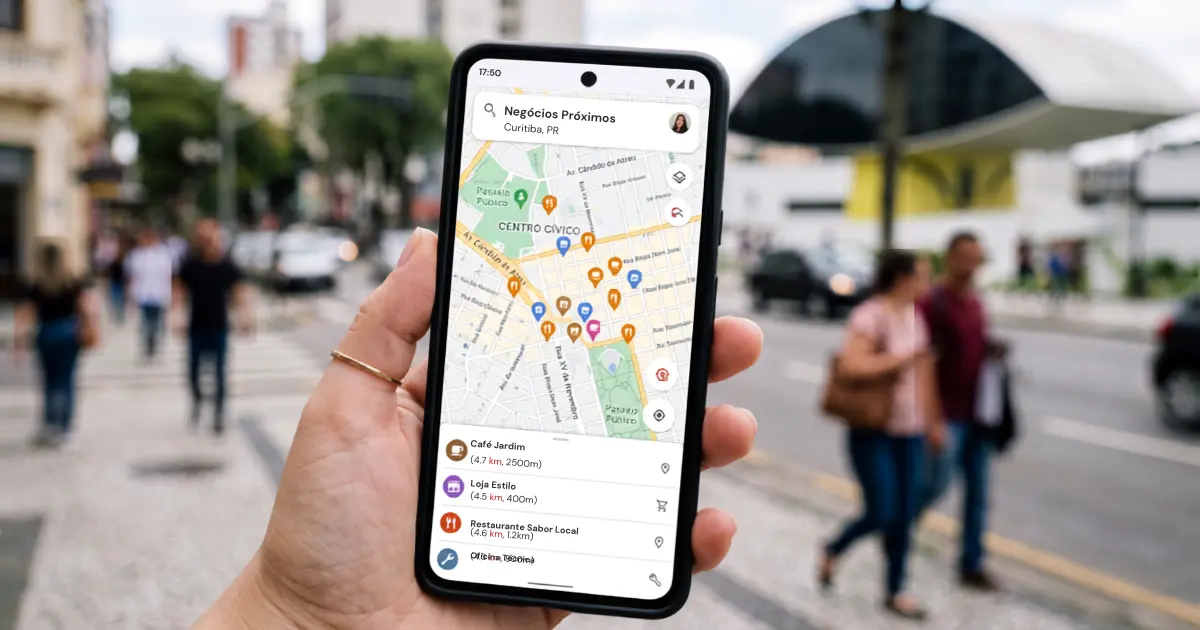 Mapa com marcadores de localização representando busca por negócios próximos